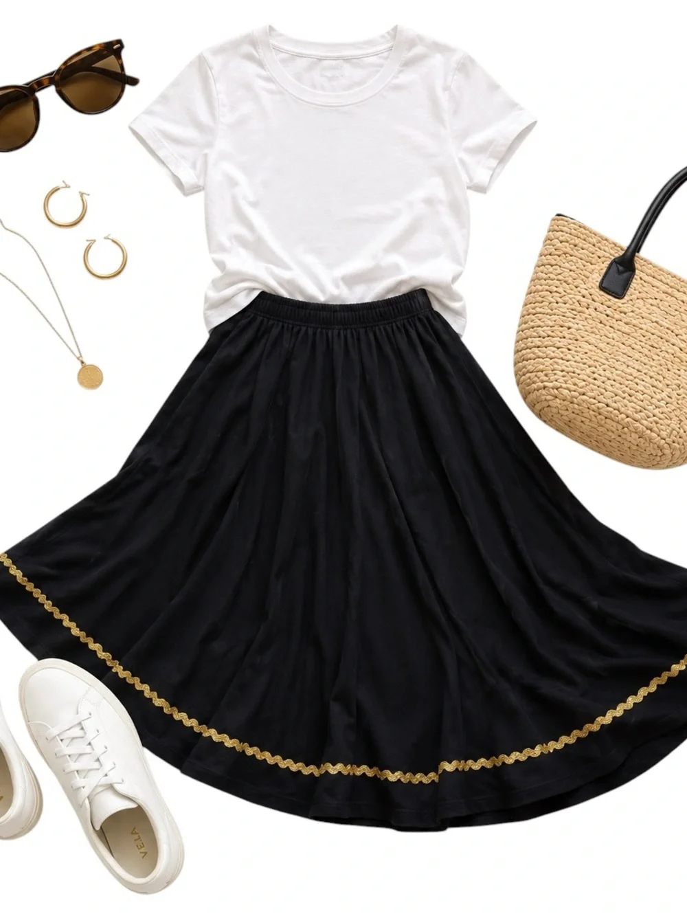 J Jill Black Gold Ric Rac Trim Pull On Midi Soft Swing Skirt Womens Medium EUC